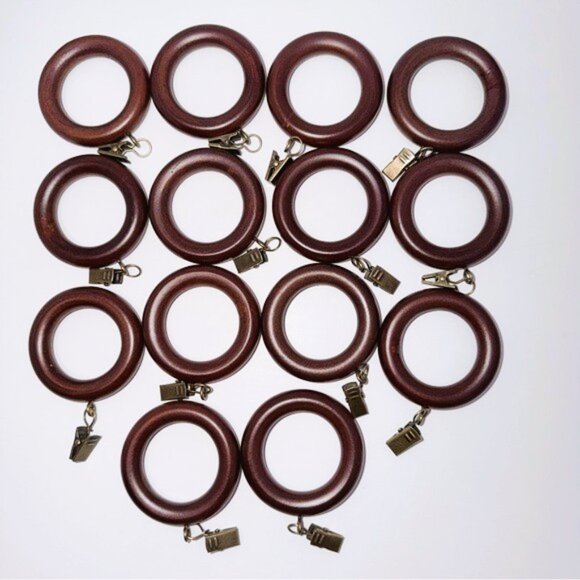 Curtain Pole Rings (Walnut)& Clips Set of 14 Wood Rings Fit up to 2" Pole - Picture 1 of 4